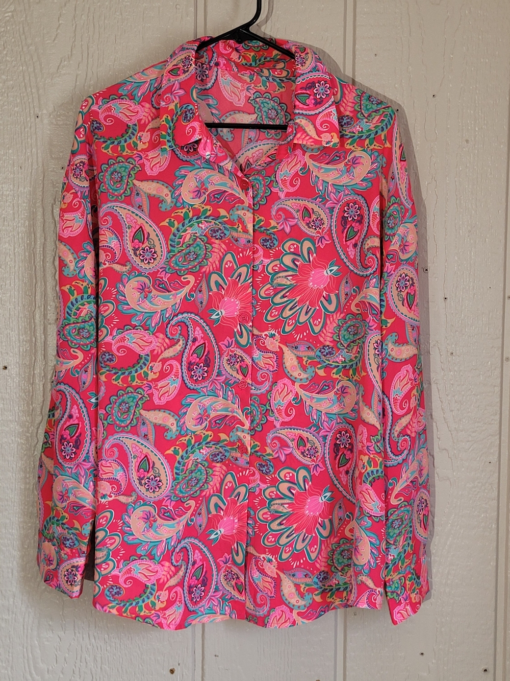 Bright Pink Paisley Button-Front Women's Blouse
